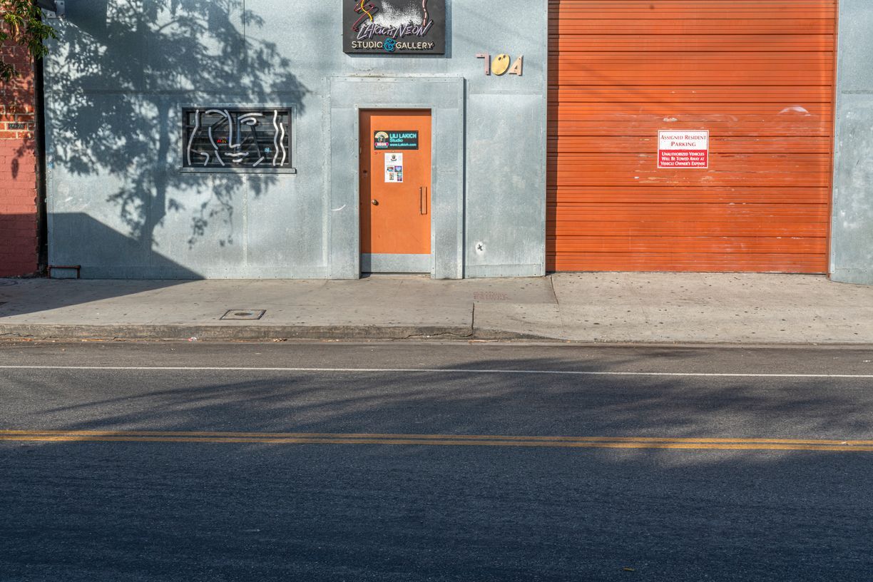 an image of a door, on the side of the building near the fire hydrant and in the foreground it is a mural of a woman with the sunliting