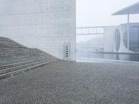 a person is standing at the top of a stairs and looking at something on a foggy day
