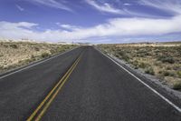 a paved highway on the edge of the desert under a partly cloudy blue sky in the distance is another yellow strip