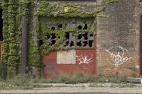 an old, dirty building with a door and windows in overgrown vegetation on it's side