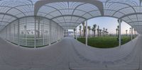 a 360 - view image with no people visible in the shot but there is one person walking