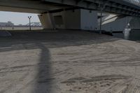 the shadow of a person on a skateboard underneath a bridge, a city in the background