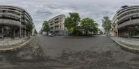 360 degree picture showing empty street in city parkland setting for a movie advertisement shot