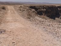 a horse is riding down a dirt road through a canyon near a river that is under the rocks