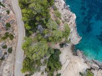 the view of a car on a road over a forested area with water and rocks