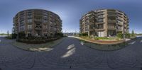 three pictures are shot of a road in front of buildings and trees, the image shows two identical sides of a street with lots of balconversings