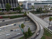 an overhead view of a freeway through palm trees in beverly, california usa during the day