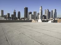 a wide view of a city skyline and a man with a skateboard in the foreground