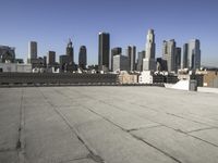 a wide view of a city skyline and a man with a skateboard in the foreground