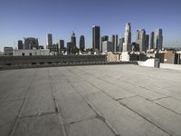 a wide view of a city skyline and a man with a skateboard in the foreground