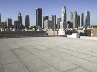 a wide view of a city skyline and a man with a skateboard in the foreground