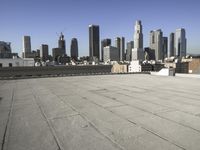 a wide view of a city skyline and a man with a skateboard in the foreground