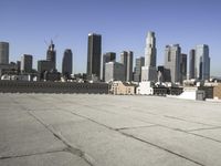 a wide view of a city skyline and a man with a skateboard in the foreground