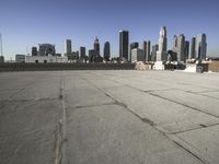 a wide view of a city skyline and a man with a skateboard in the foreground