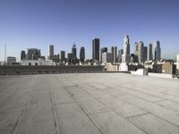 a wide view of a city skyline and a man with a skateboard in the foreground