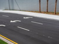 a paved street with four white arrows next to palm trees on the side of the road