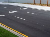 a paved street with four white arrows next to palm trees on the side of the road