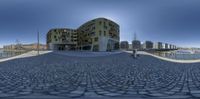 360 - generated image of modern residential buildings along river side walkways in sunny day