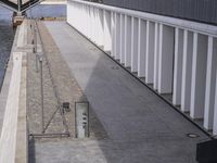 a person is walking on a sidewalk near a train crossing a bridge over the water