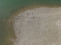 an aerial view of people wading in the water near shore rocks and sand with a paddle board