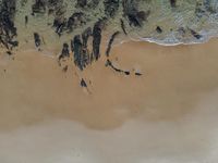 a lone surfer is waiting for the waves to arrive and go into shore as seen from above