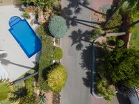 a bird - eye view of an outdoor area and a driveway with trees around it