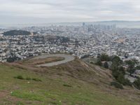 a winding road down a hillside to a big city skyline with lots of tall buildings