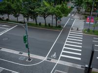 an overhead view of a street with multiple crosswalks and lots of trees surrounding the intersection