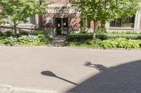 the outside sidewalk and walkway area of a modern office building near a tree lined street