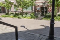 the outside sidewalk and walkway area of a modern office building near a tree lined street