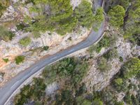 an aerial shot of a winding mountain road with traffic passing through it and pine covered hills