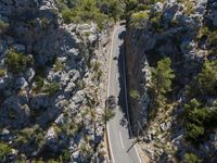 the road is winding between the cliffs and trees, with two motorcycles on it in mid distance