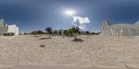 this is the panoramic picture in a circular lens taken from outside in a city