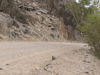 a motorcycle rides on an empty dirt road with large rocks and shrubs near it as another drives down it