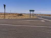 the empty road runs into an empty field, with sign pointing to different directions for a highway