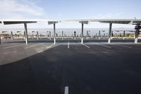 parking lot with several rows of solar panels and poles for parking on the roof in an airport