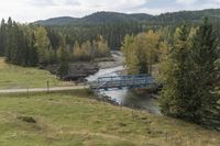 a blue metal bridge over a river on a green hillside with forest and trees on either side