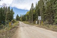 a dirt road surrounded by trees with caution signs on the side of the road next to it