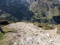 an alpine mountain view of a grassy and rocky path leading to an alpine lake, with large mountains in the distance