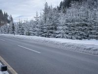 a snowy road with the road sign in front of trees on the side of the road