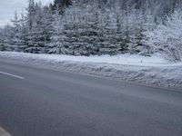 a snowy road with the road sign in front of trees on the side of the road