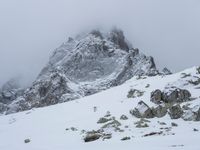 a mountain covered in snow with no people on it and rocks on it near a rocky peak