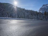 the snow is covering trees on the side of the road in front of the sun