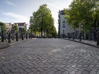 bike racks and bicycles are lined up on a brick road that extends into a city