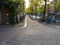 a paved city street with some bikes parked by it's side and several trees