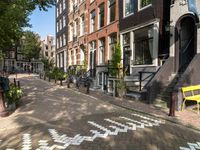 a bicycle lane and street lined with houses in the area where you can sit and watch people cross the road