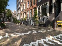 a bicycle lane and street lined with houses in the area where you can sit and watch people cross the road