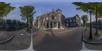 three different views of a city street as seen from a fisheye lens with trees and buildings in the background