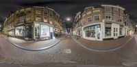 three fish - eye lens images show the street and buildings in the night sky in this image