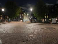 night scene of city block with cobblestone pathway and multiple light posts and lights